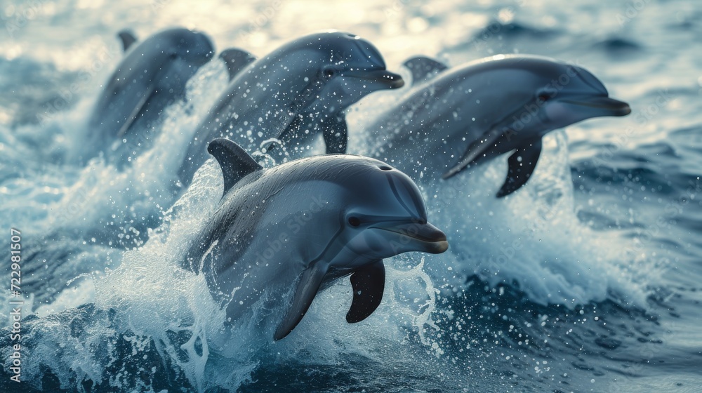 Obraz premium Graceful Dolphins Jumping: Energetic shot capturing dolphins leaping gracefully out of the water, evoking a sense of freedom.