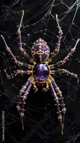 Peacock violet spider made out of amethyst and gold, black background with spiderweb