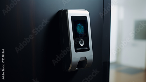 wall-mounted fingerprint or biometric authentication machine in the office, cyber security biometric verification concept, modern technology photo