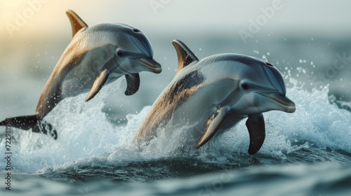 Graceful Dolphins Jumping: Energetic shot capturing dolphins leaping gracefully out of the water, evoking a sense of freedom. © Nico