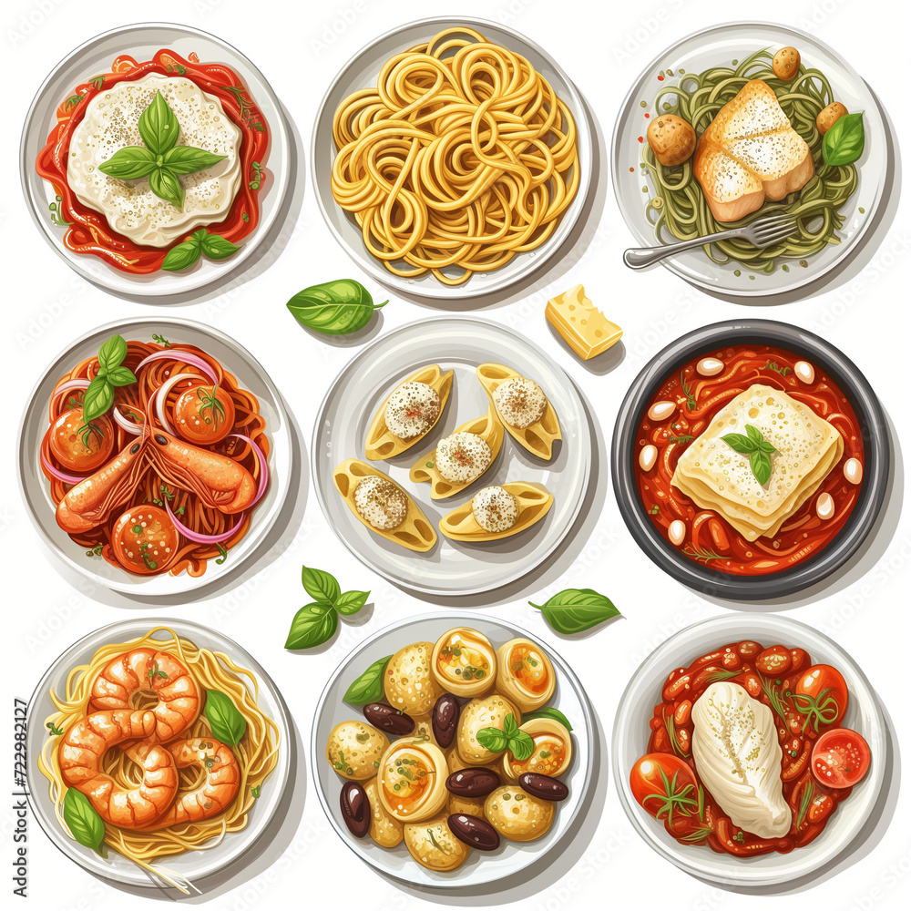 Fresh and Healthy Food Collage with a Variety of Plates, Including Salad, Pizza, Fish, and Pasta, Ideal for Breakfast, Lunch, or Dinner in a Restaurant Setting