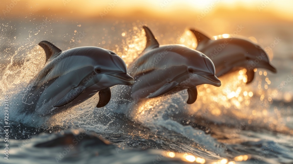Obraz premium Graceful Dolphins Jumping: Energetic shot capturing dolphins leaping gracefully out of the water, evoking a sense of freedom.