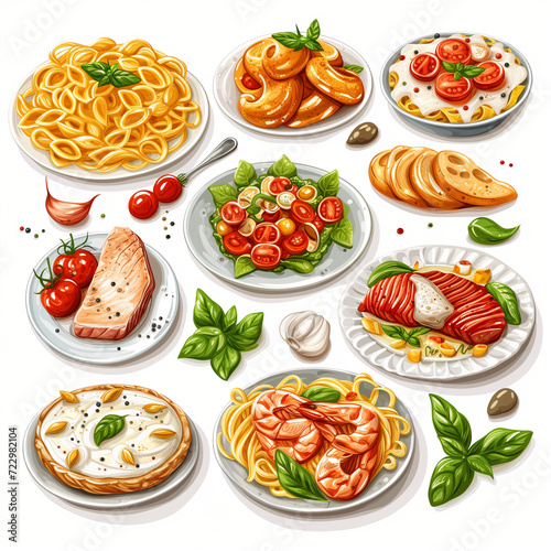 Fresh and Healthy Food Collage with a Variety of Plates  Including Salad  Pizza  Fish  and Pasta  Ideal for Breakfast  Lunch  or Dinner in a Restaurant Setting