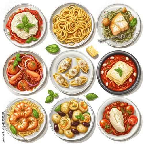 Fresh and Healthy Food Collage with a Variety of Plates, Including Salad, Pizza, Fish, and Pasta, Ideal for Breakfast, Lunch, or Dinner in a Restaurant Setting