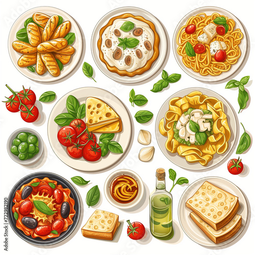Fresh and Healthy Food Collage with a Variety of Plates, Including Salad, Pizza, Fish, and Pasta, Ideal for Breakfast, Lunch, or Dinner in a Restaurant Setting