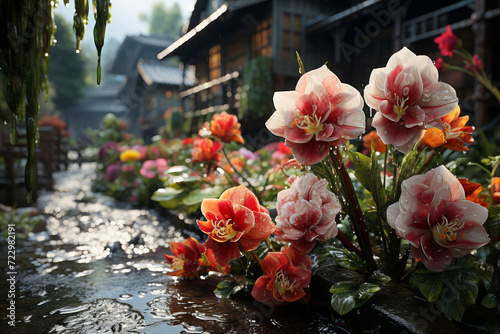 A garden in bloom during April showers, with raindrops on flowers and foliage.