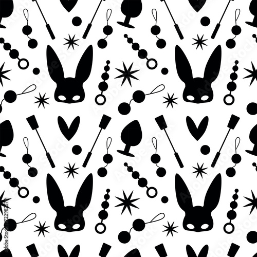 Seamless sex toys pattern. Bunny mask, spanking paddle, adult toys, butt plug, balls. For sex shop, wrapping paper, background, print