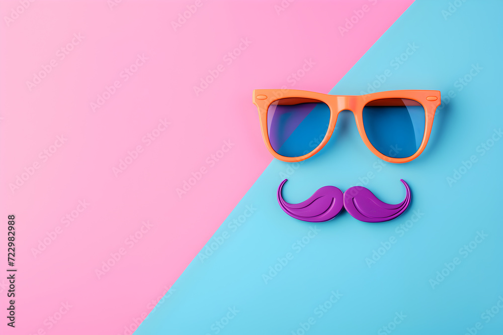 April fools' day concept - toy glasses and moustaches disguise, solid color background