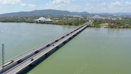 Wallpaper Mural Aerial fast shot of Tinsulanonda Bridge In the past, it was the longest concrete bridge across the lake in Thailand. Torontodigital.ca