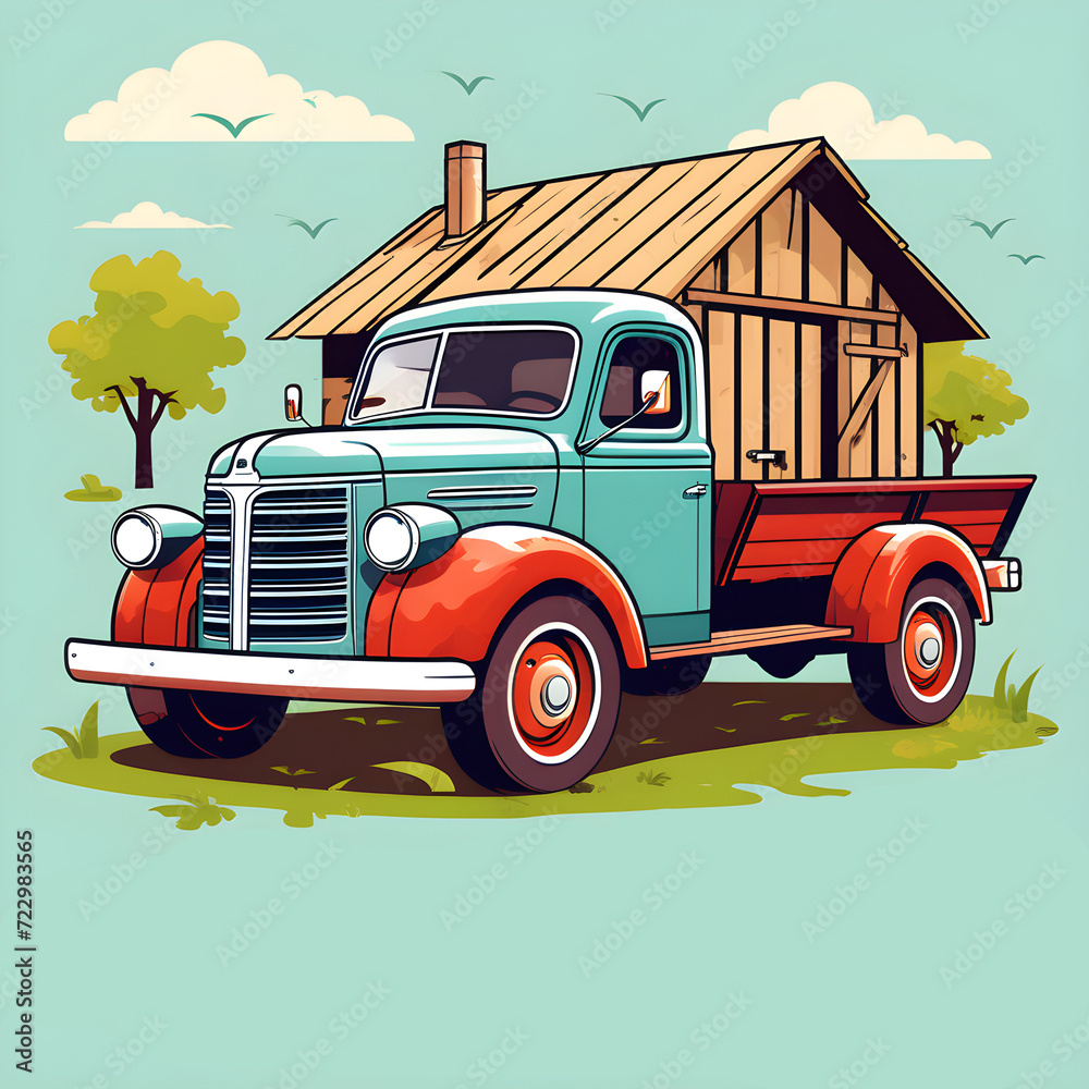vintage green truck parked in the foreground, with a rustic log cabin in the background. Classic style prominent orange wheels, There are lush green trees and grass around the truck and cabin, depicti