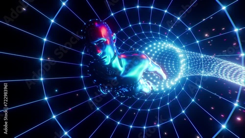 Metallic human flying through abstract hyperspace tunnel. Looped animation.