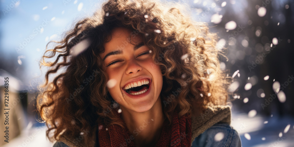 Joyful young woman with curly hair laughing and playing in the snow, enjoying a sunny winter day outdoors Joyful young woman with curly hair laughing and playing in the snow, enjoying a sunny winter day outdoors