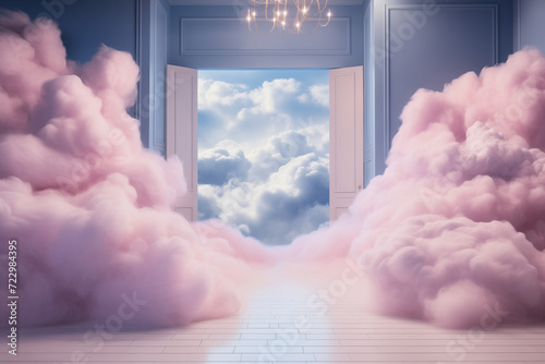 A beautiful light blue & pink background with fluffy clouds trailing across the floor