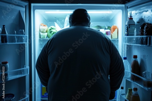 Man looking for food in fridge. Rear view. Overweight. Overeating Concept. Obesity Concept with Copy Space.