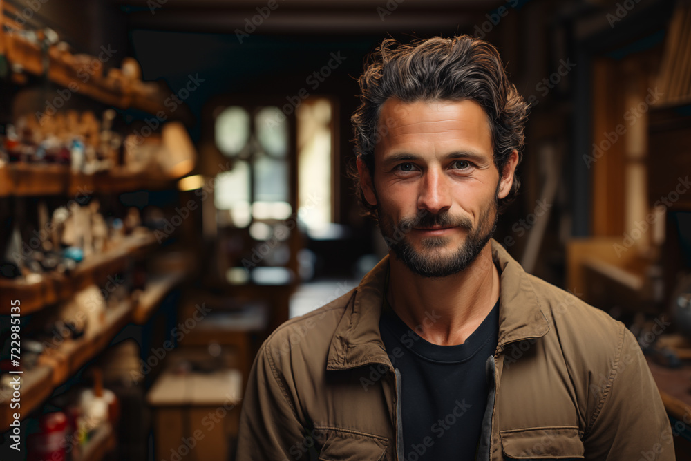 A carpenter in his workshop looking at the camera. Copy space. A carpenter in his workshop looking at the camera. Copy space.