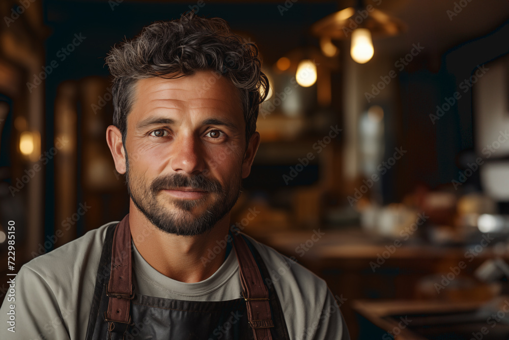 A working man looking at camera in his workshop. Copy space. A working man looking at camera in his workshop. Copy space.