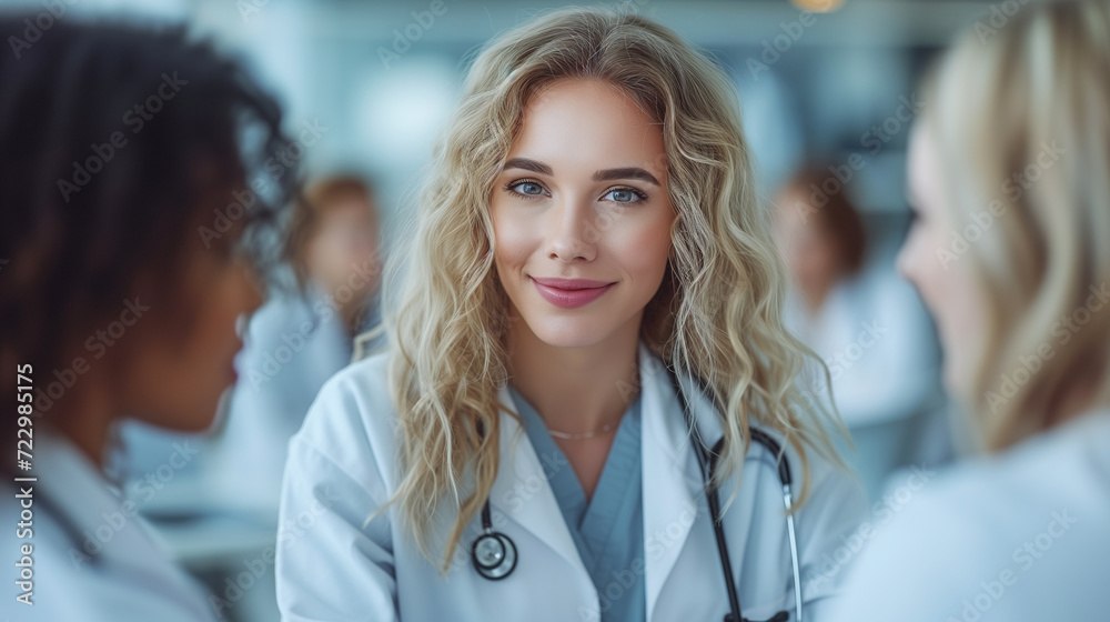 Beautiful and cheerful good mood young lady doctor dressed uniform smiling on lobby hospital background. Beautiful and cheerful good mood young lady doctor dressed uniform smiling on lobby hospital background.