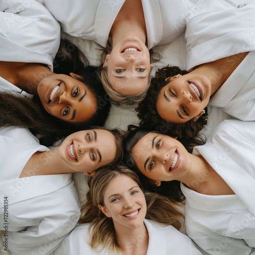 A group of women lying in a circular formation on top of a bed.