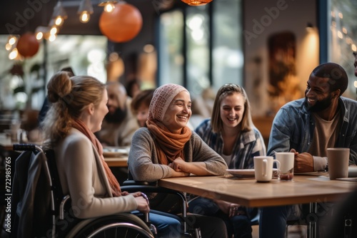 disabled people having meeting with wheelchairs, sitting around table and using laptop