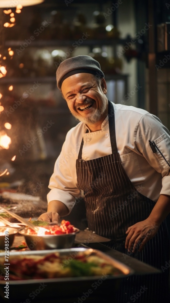 The chef's smile and the kitchen ambiance reflect the magic of culinary creation.