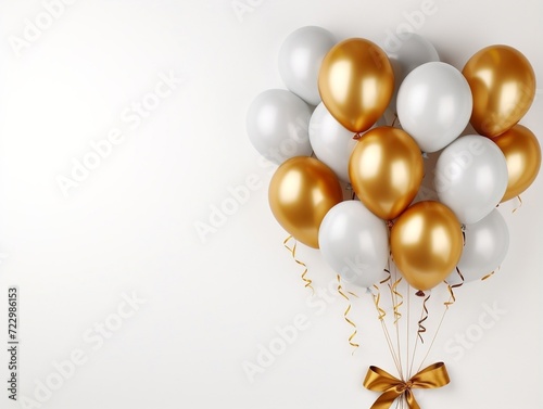 Golden balloons on a white background with blank text space