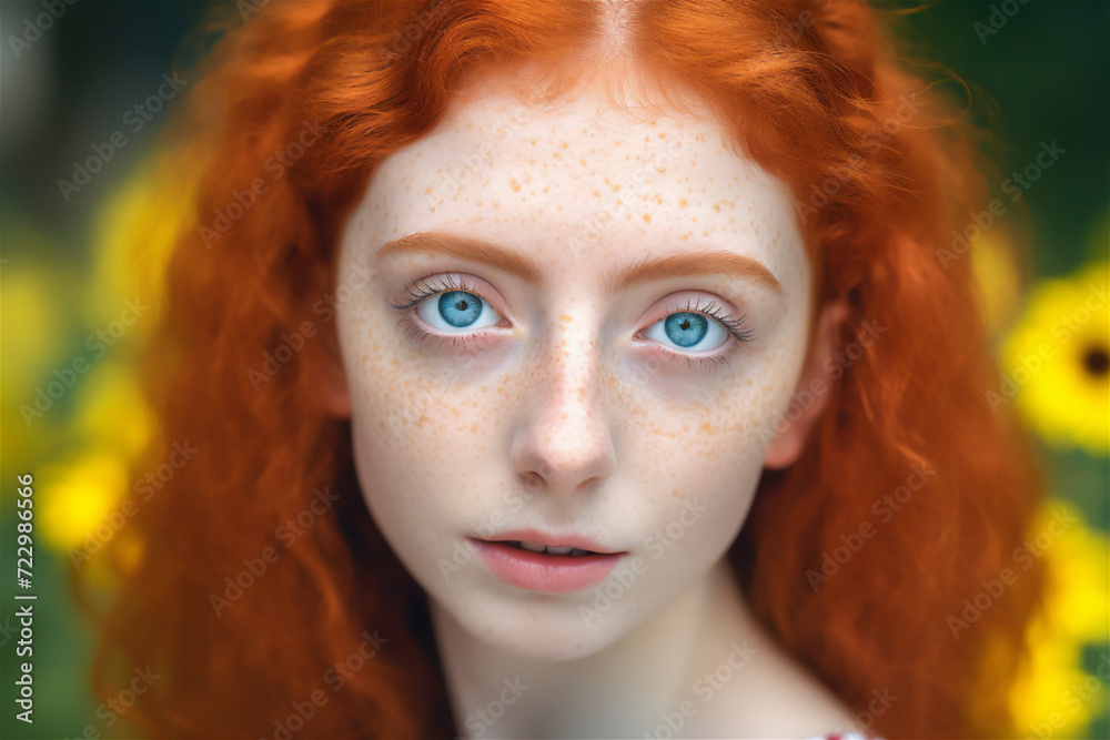 Beautiful young woman with red curly hair and blue eyes and no makeup in sunflowers field summer close up portrait. Beautiful young woman with red curly hair and blue eyes and no makeup in sunflowers field summer close up portrait.