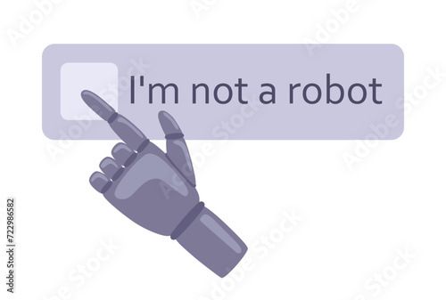 Robot hand clicking on captcha - I am not a robot. Bypass Captcha, Anti Captcha, Solving service, Artificial intelligence concept. Robotic prosthesis, cyborg. Vector illustration in hand drawn style 
