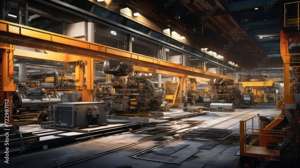 View inside an industrial factory with overhead traveling cranes.