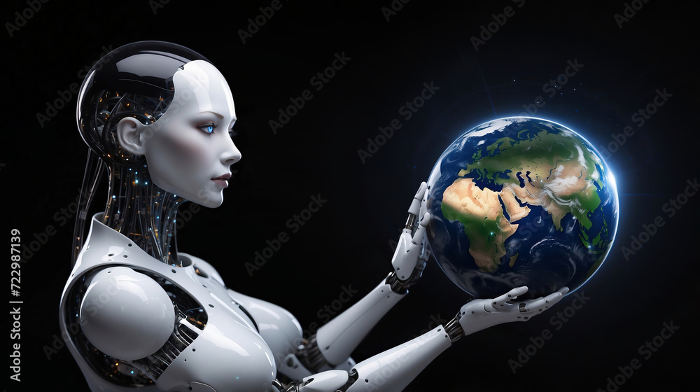 Fototapeta premium Futuristic humanoid robot with white porcelain exoskeleton holding Earth globe. Beautiful female AI android. Artificial intelligence, cyborg, robotics, innovation, future technology concept
