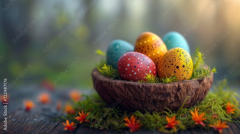 Happy easter, Easter painted eggs in the basket on wooden rustic table for your decoration in holiday. copy space Happy easter, Easter painted eggs in the basket on wooden rustic table for your decoration in holiday. copy space