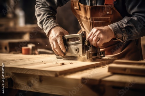 Carpenter doing wood work using classic old machine plane. photo