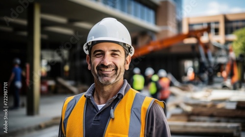 engineer in a construction site, wearing a yellow hard hat and smiling
