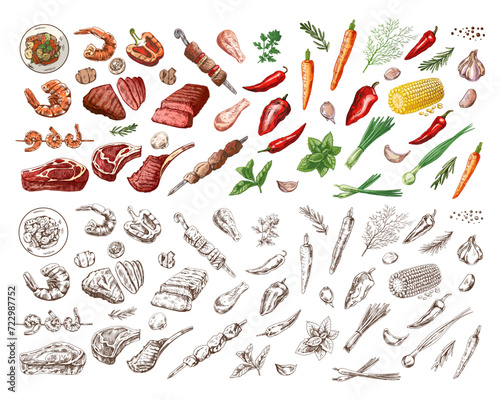 A set of hand-drawn colored and monochrome  sketches of barbecue and picnic elements. For the design of the menu of cafes, grilled food. Doodle vintage illustration. Engraved.