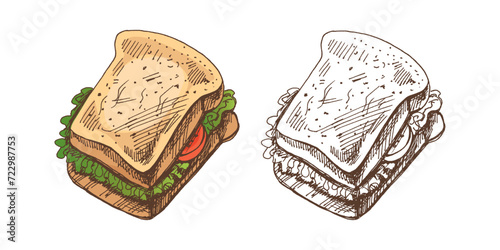 Hand-drawn colored and monochrome vector sketch of a piece of sandwich with vegetables, cheese, meat. Doodle vintage illustration. Decorations for the menu of cafes and labels. Engraved image.