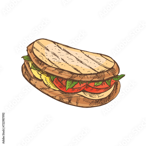 Hand-drawn colored vector sketch of a piece of sandwich with vegetables, cheese, meat. Doodle vintage illustration. Decorations for the menu of cafes and labels. Engraved image.