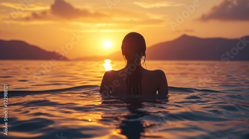 silhouette of a beautiful woman in the sea at sunset © daniel