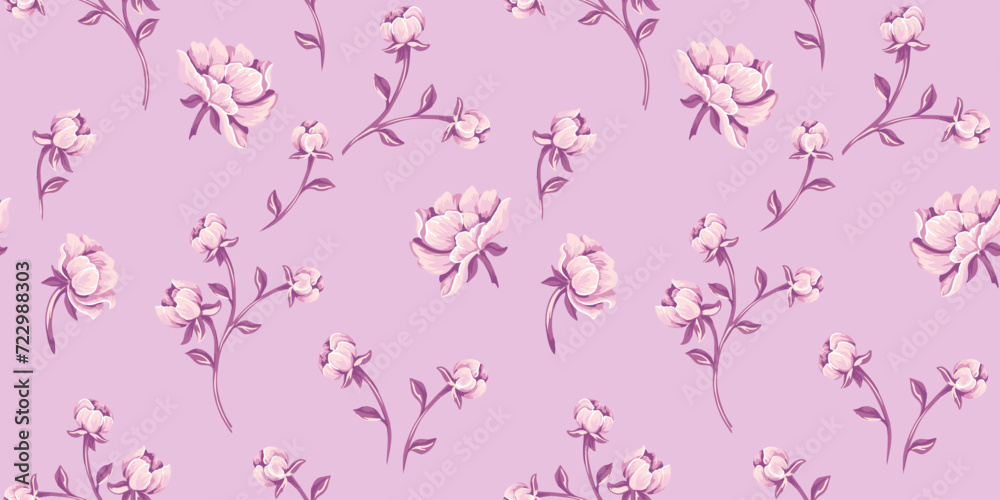 Gently cute seamless pattern with rosebuds, roses. Vector drawn illustration abstract artistic ditsy flowers. Purple rose on the pink background. Template for textile, fashion, printing, fabric