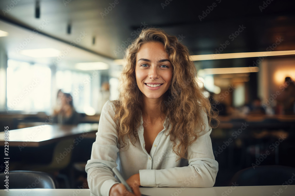 Beautiful lady in casual clothing smiling in the city office smiling happily and confidently