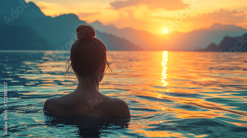 silhouette of a beautiful woman in the sea at sunset