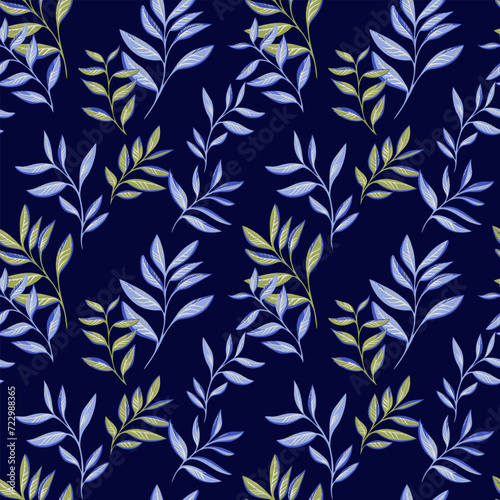 Bright blue elegance tropical floral seamless pattern on a dark blue background. Stylized artistic leaves branches printing. Vector drawn illustration. Design for fashion, fabric, textiles
