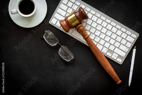 Law student or lawyer workplace with Judge gavel and coffee cup