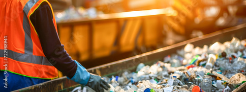 Dedicated employee in orange vest separating recyclable waste on a conveyor at a recycling plant.

