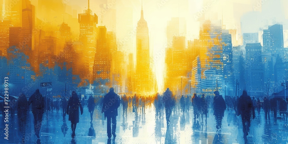 An artistic watercolor illustration of a city skyline with skyscrapers, capturing the modern and vibrant essence of urban architecture.