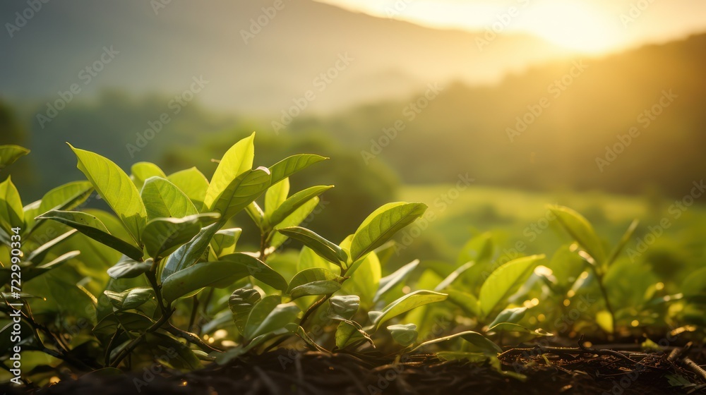 Tea field farm with view of natural fresh green tea leaf shoots in peak morning light.