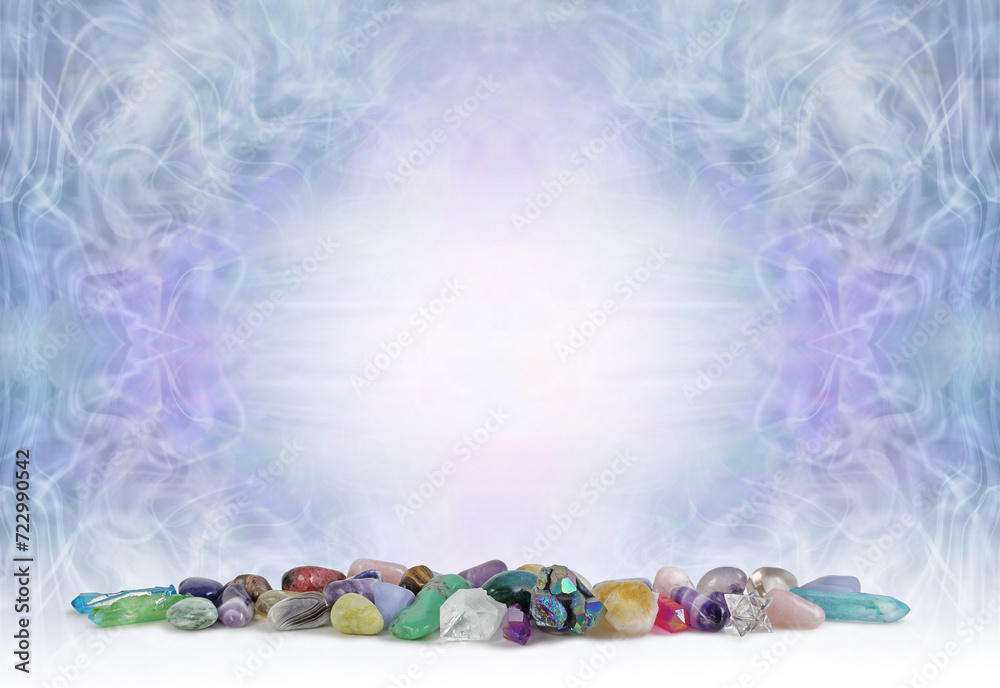 Crystal Healing Holistic diploma certificate accreditation award background - landscape orientation template with row of assorted different healing crystal gem stones at bottom and cool blue lilac wis - obrazy, fototapety, plakaty 