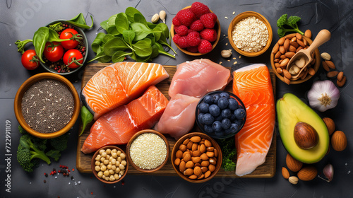 Healthy food clean eating selection: salmon, salmon, tuna, avocado, spinach, chickpeas, nuts, seeds. Top view.