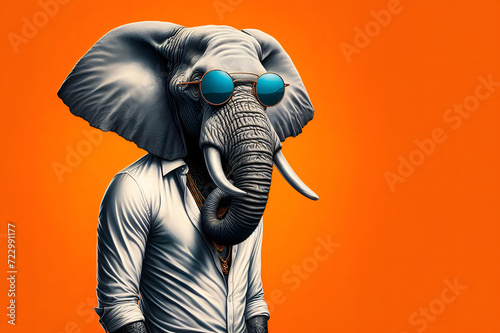 Elephant with an artistic twist in an elegant white shirt and cool mirrored sunglasses against orange background.