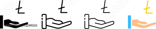 Litecoin in the palm of your hand. Different styles, set of palms and icon Ltc, Litecoin and palm. Vector icons
