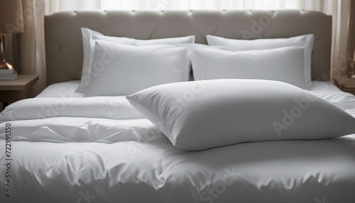 Bed Mattress and Pillows Mess up Bedroom in morning sunlight, White bedding sheets and pillow background
 photo