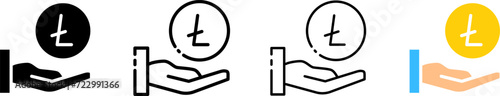 Litecoin and palm. Different styles, set of palms and Ltc icon in a circle, Litecoin and palm. Vector icons